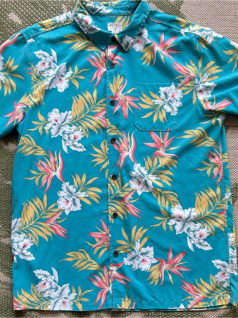 Jack O'Neill Teal Floral Short-Sleeve Button-Down Aloha Shirt size L